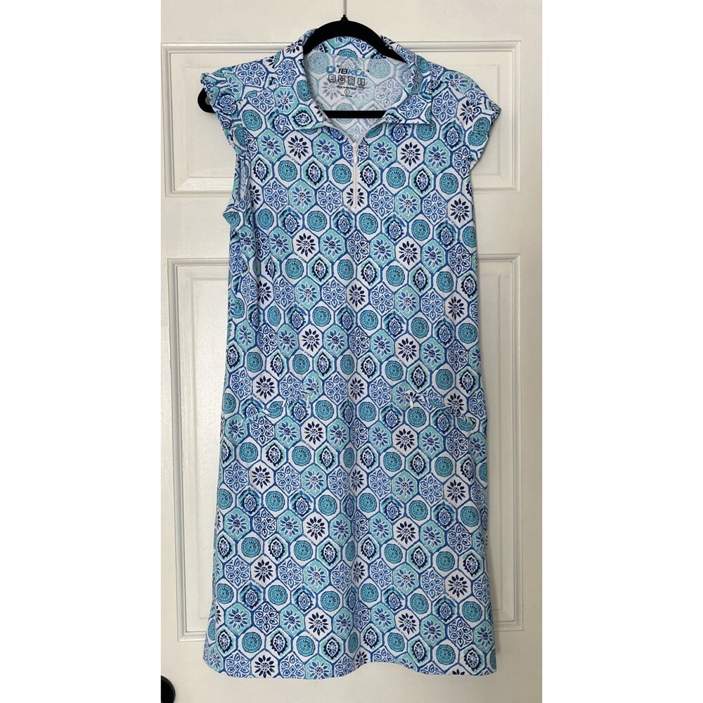IBKUL Dress Large UPF Blue Cap Pleat Sleeve Tennis Golf Preppy Pickleball Cool